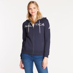 Nautica embroidered logo zip up hoodie in navy.